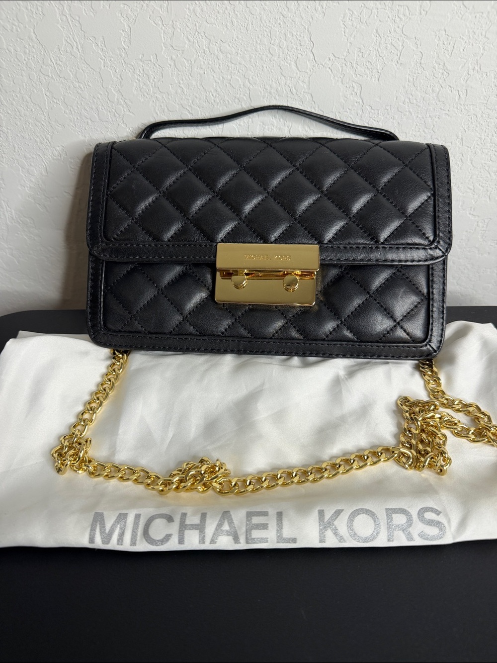 MICHAEL Michael Kors Black Quilted Leather Crossbody with Gold Chain